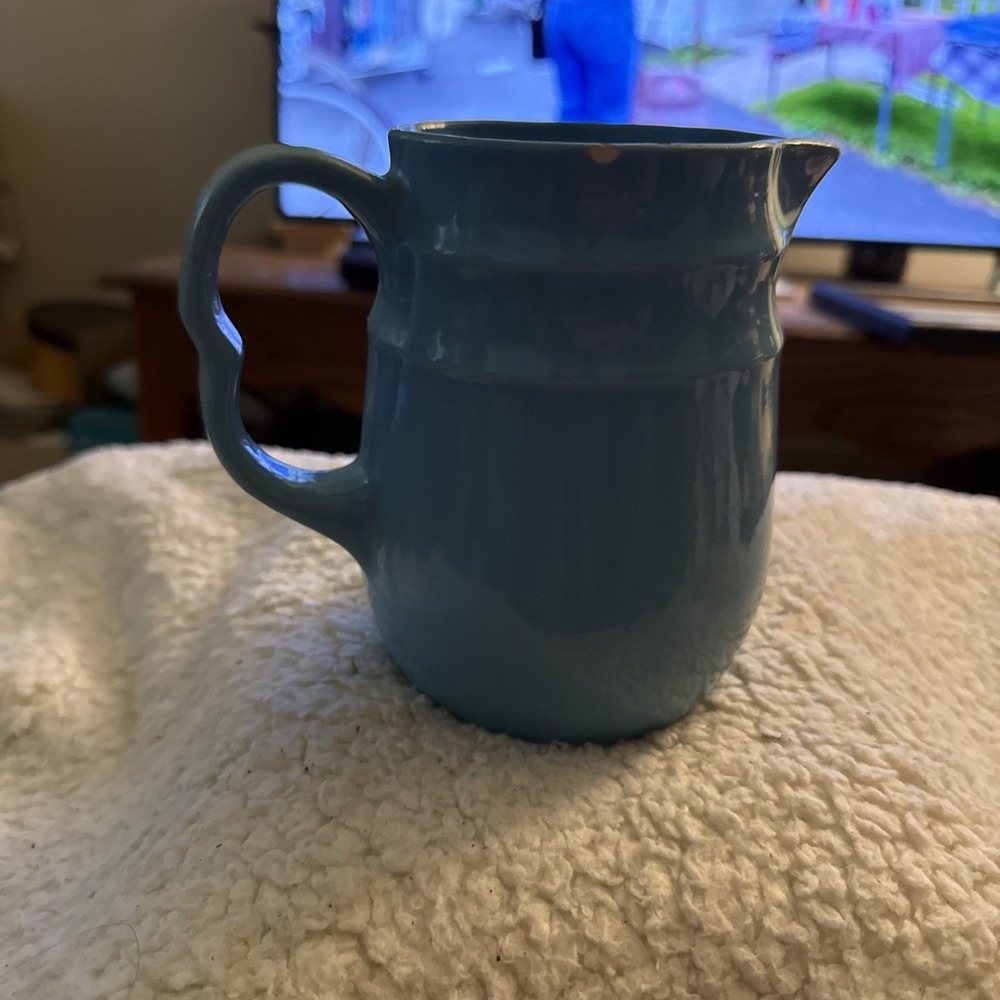 Vintage Aqua Blue 6"In Tall Stoneware Cream Pitcher Small Chip On Rim. USA MADE